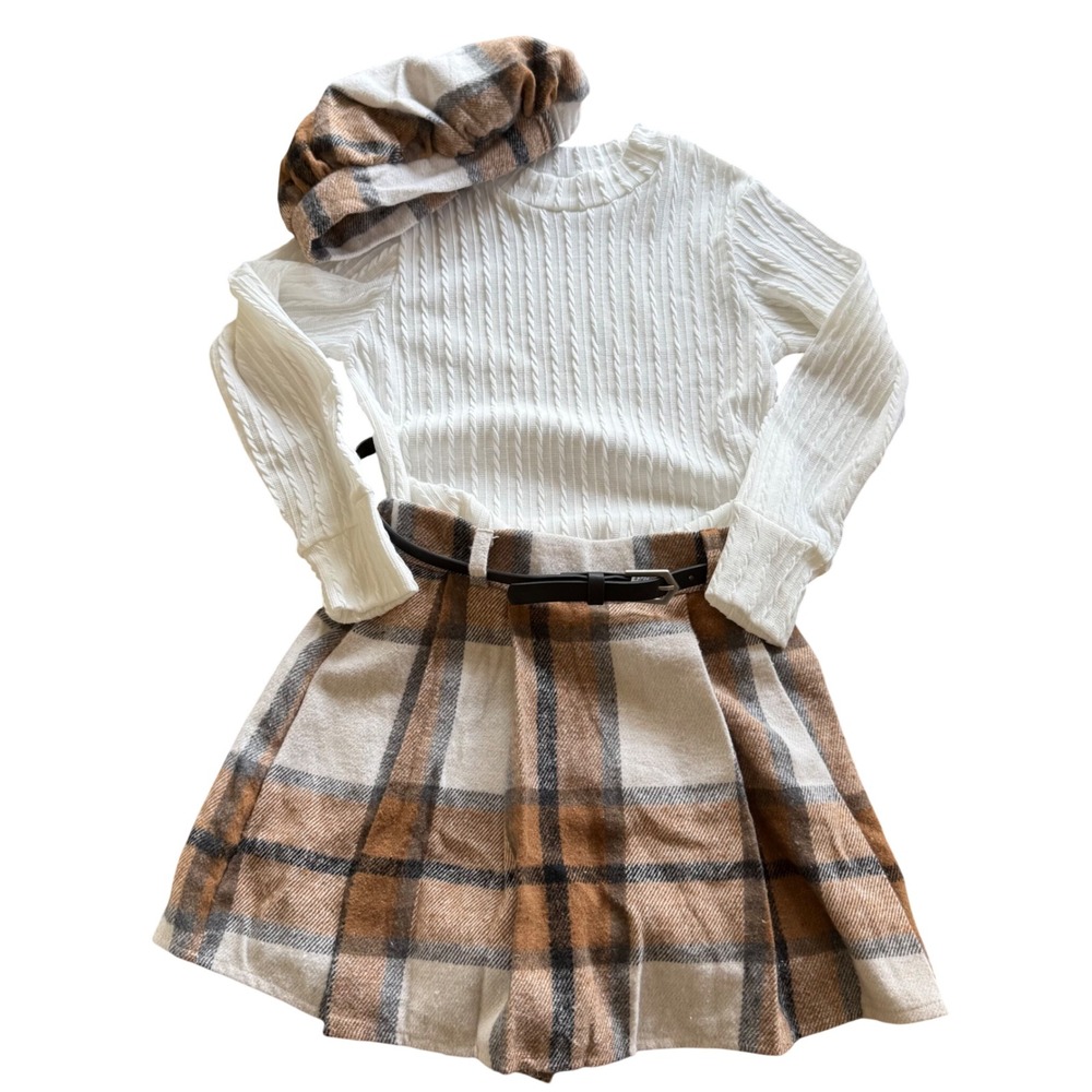 Kids 3-Piece Plaid Skirt Set White Cable Knit Top Beret Belt 7-8Y